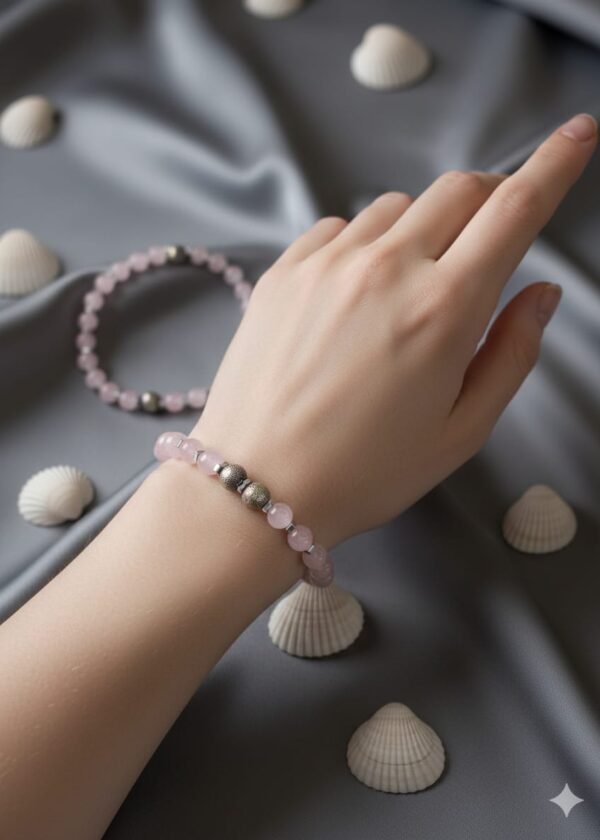 Pembe kuvars (6mm.),Hematit, gümüş toplu bileklik - Görsel 2